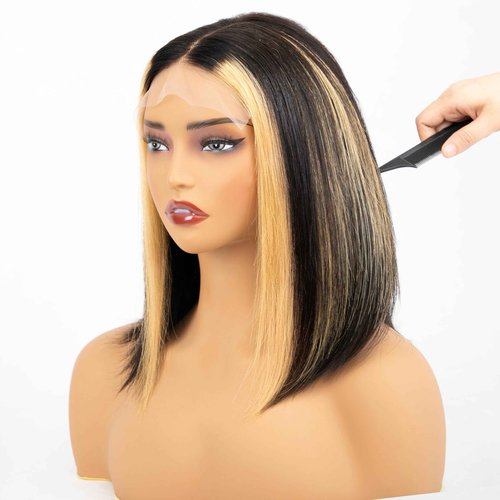 HAIRHOBBY Highlights Bob Wigs Human Hair, Wear and Go Glueless Wigs 5x5 HD Lace Front Short Straight Bob Wigs Pre Plucked Pre Cut for Black Women Transparent Closure Virgri Wigs 180% Density 12 Inch