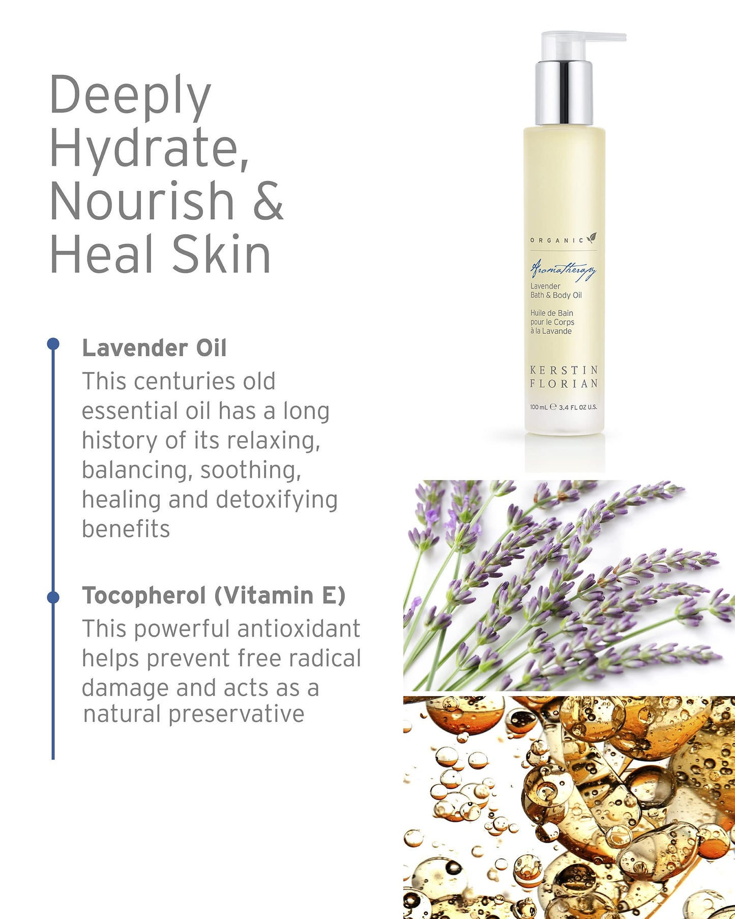 Kerstin Florian Organic Lavender Body Oil | Nutrient-Rich Moisturizer with Vitamin E, Coconut & Jojoba Oils | Natural Essential Oils for Relaxation & Massage | 3.4 fl oz