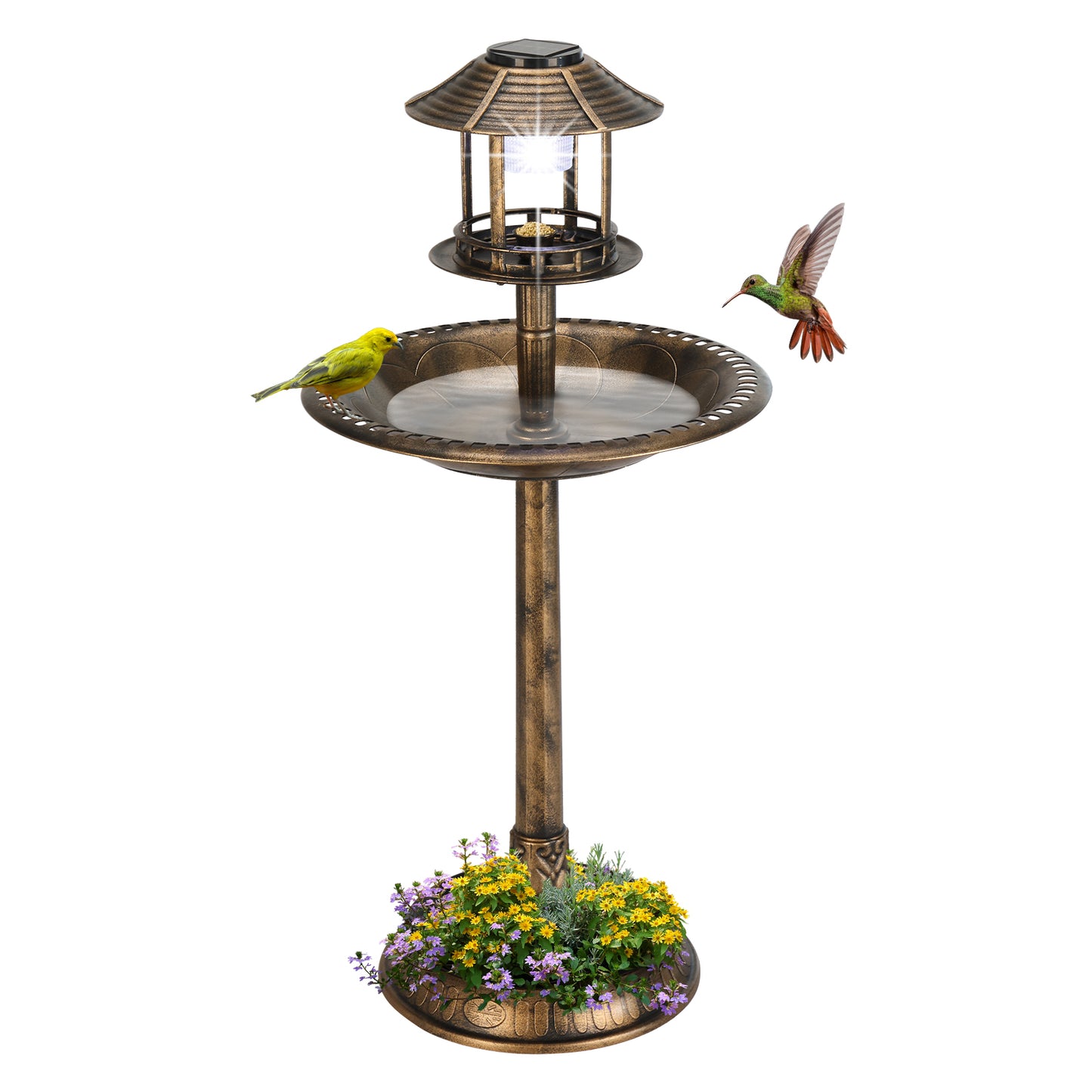 Solar Bird Bath with Bronze Finish - Outdoor Garden Decor 51x51x107cm