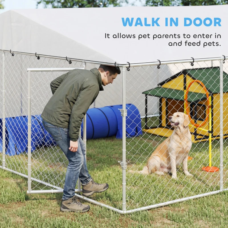 Outdoor Dog Kennel with Waterproof Roof, Galvanized Steel, Silver, 14.8 ft