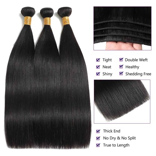 Straight Weave Bundles Human Hair Glossy Hair Bundles 22 24 26 Inch Brazilian Virgin Raw Human Hair Bundle for Quick Weave Sew In Soft and Thick Weft Hair Extensions for Women
