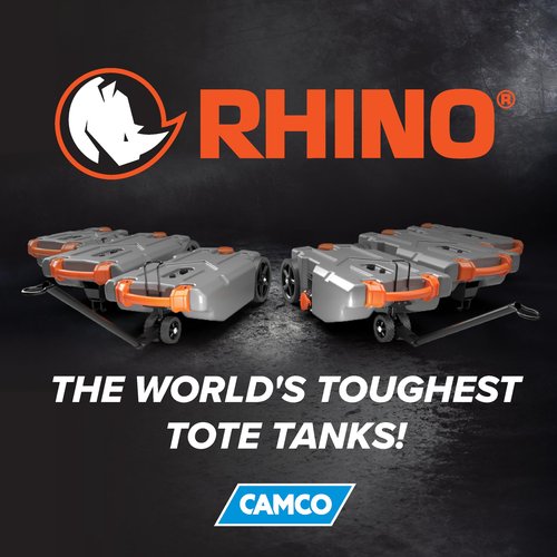 Camco Rhino 28-Gallon RV Tote Tank - Features Large Heavy-Duty No-Flat Wheels & Built-in Gate Valve - Removable Steel Tow Adapter, 3’ Sewer Hose & More RV Accessories (39004)