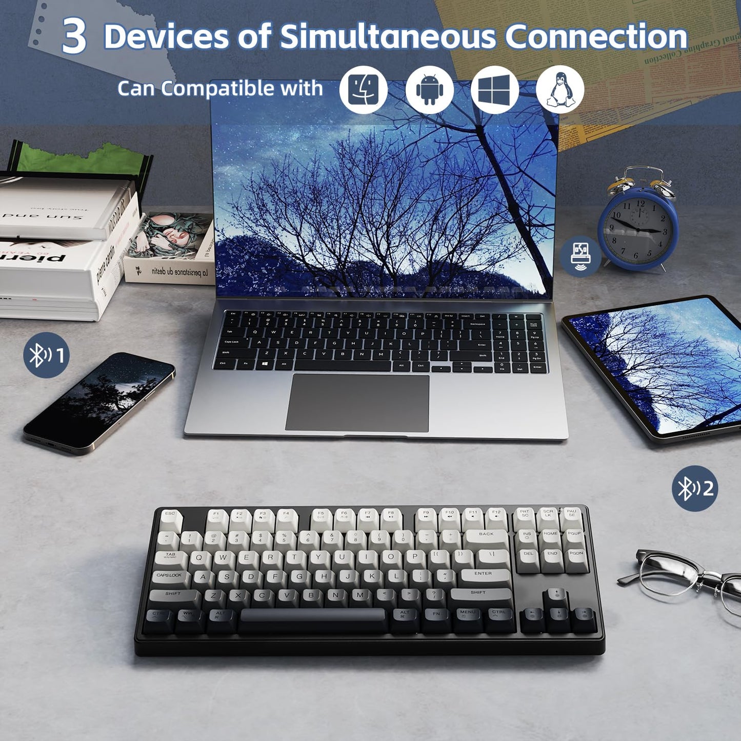 ZIYOU LANG M87 75% Wireless Gaming Keyboard Mechanical Feel Silent Rainbow Backlit Bluetooth/2.4Ghz PBT Gradient Keycaps Rechargeable 4000mAH Battery Ergonomic for MAC/Win/PC-Moonnight