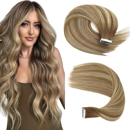 Sassina Tape in Extensions Human Hair Invisible Double Side Skin Weft Tape in Remy Hair Extensions Dark Brown to Blonde 18 Inch 50 Grams 20 Pcs #T3-P3-60