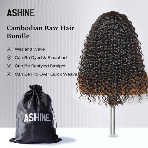 ASHINE Human Hair Bundle Deep Wave Unprocessed Cambodian Raw Hair 20 Inch, Flip Over Quick Weave Wet and Wave Bundles for Women Natural Black