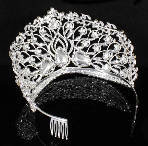 Janefashions Large Floral Clear White Austrian Rhinestone Crystal Tiara Crown With Hair Comb Headband Veil Headpiece Beauty Queen Princess Pageant Theater Show Bridal Gold Plated Silver Plated T901 (Silver Plated)