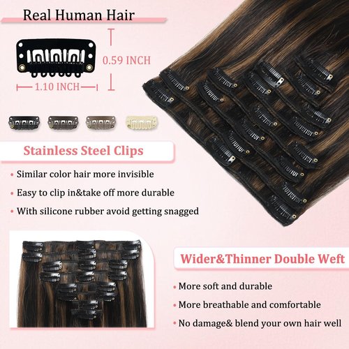 Clip in Hair Extensions Real Human Hair Clip in Extensions for Women Seamless Balayage Natural Black to Chestnut Brown Straight Remy 100% Human Clips ins Extension 8pcs Double Weft 20 inch 3.7oz/105g