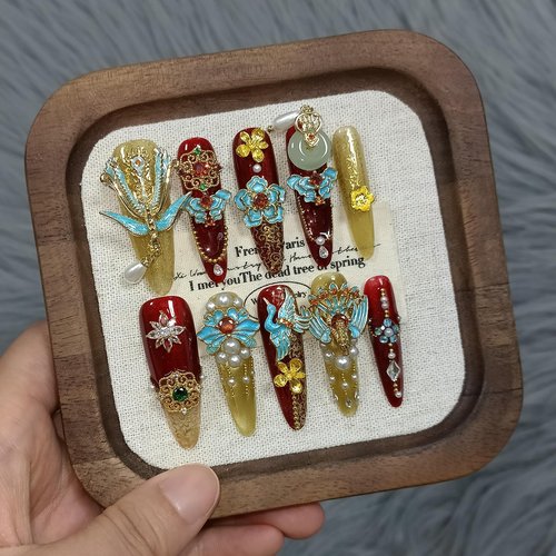 TENPAL 10Pcs Heirloom Chinese Bridal Press On Nails With Tools,Red Gold Phoenix Dragon Designs Fake Nails Long Stiletto,Full Crystals Heavy Relief Luxury Wedding Set Glue on Nails for Cheongsam(L)