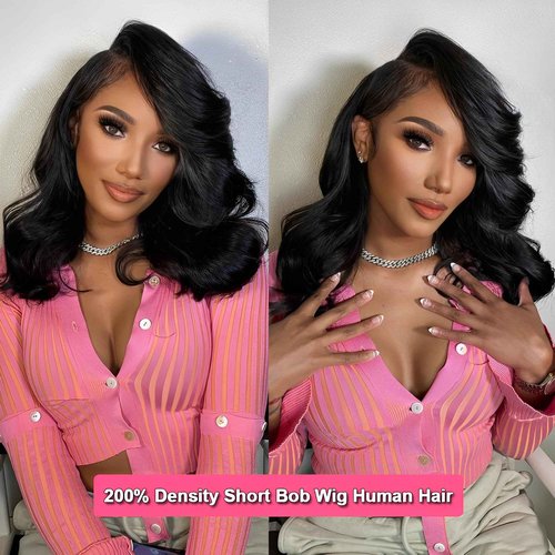 KinMos Bob Wig Human Hair 200 Density 13x6 Body Wave HD Lace Front Wigs Human Hair Glueless Lace Frontal Bob Wigs Short Bob Wigs for Black Women Pre Plucked with Baby Hair (14 inch, Bob Wig)