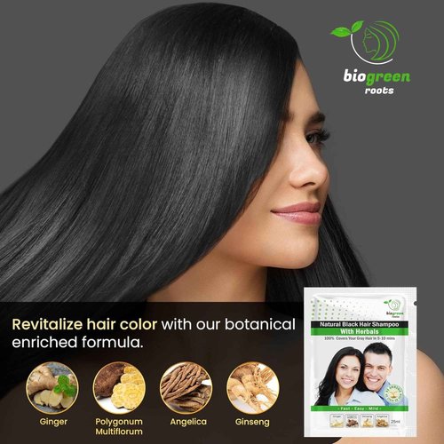 BIOGREEN ROOTS Ammonia-Free & Paraben Free Herbal Hair Shampoo - Hair Dye Shampoo for Women & Men - Natural Color & Herbal Nourishment - No Stain on Skin - Natural Black (100 sachets x 25 ml)