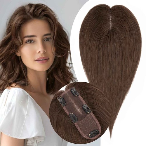 S-noilite Hair Toppers for Women Real Human Hair, Human Hair Toppers for Women with Thin Hair,2.25"*6" Lace Silk Base 10 inch Dark Brown