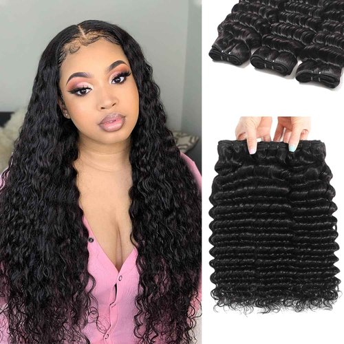 12A Deep Wave Bundles Human Hair 14 16 18 Inch Deep Wave Bundles 100% Unprocessed Brazilian Virgin Wet and Wavy Human Hair 3 Bundles Quick Weave Bundle for Women