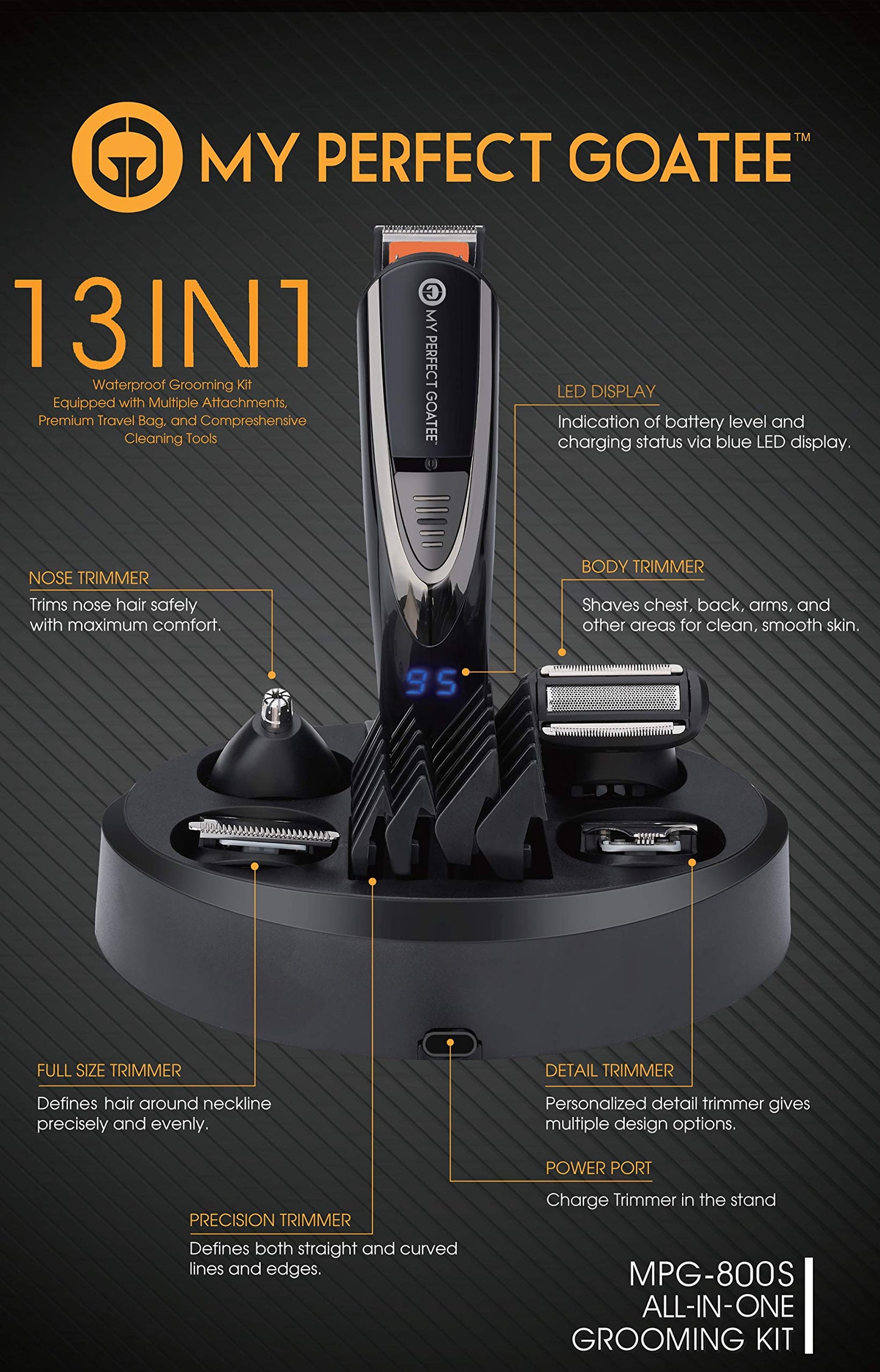 My Perfect Goatee® 13-in-1 Adjustable Beard Trimmer & Goatee Shaving Template for Men - Cordless Beard Grooming Kit for Detailed or Precise Trim W/LED Battery Charge Indicator