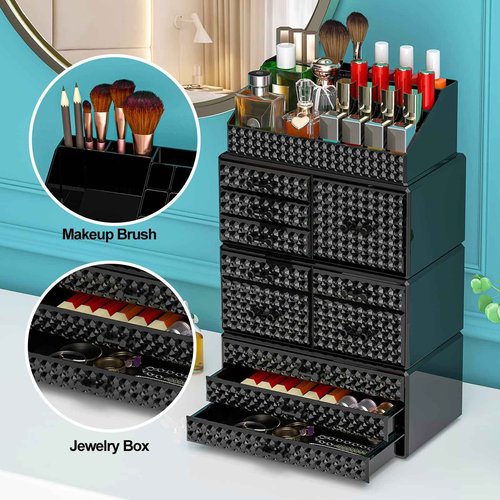 Awenia 4 Pack Stackable Makeup Organizer[Upgraded],Acrylic Cosmetics Storage Cases with 11 Drawers Perfume Organizers For Brush Holder or Jewelry Display,Plus Size(Black)