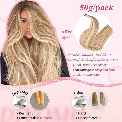 DIYOMO I Tip Hair Extensions - Human Hair,#18/613 Grey brown light gold mixed highlights 24 Inch For Women Soft & Natural Itip Human Hair Extensions 50g 50s