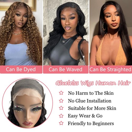 Glueless Wigs Human Hair Deep Wave Wigs Human hair Glueless Wear And Go 5x5 HD Lace Closur Wigs For Black Women (Curly wig, 24 Inch)