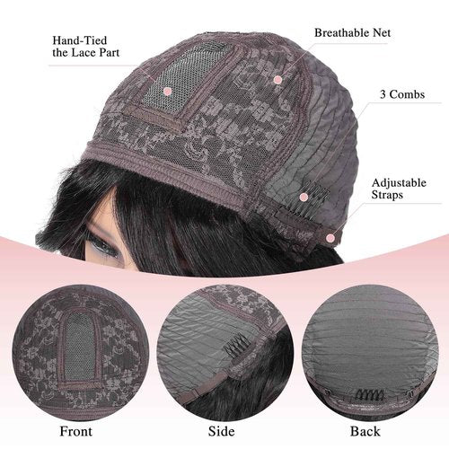 Fancy Hair Wavy Brazilian Virgin Human Hair Wigs with Bangs for Black Women Lace Middle Part Glueless Body Wave Wig With Bangs for Women Natural Black 18 inches