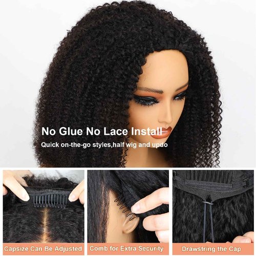 Domiso Afro Kinky Curly Half Wig Human Hair Seamless Kinky Curly 3 In 1 Half Wig Flip Over Beginner Friendly Glueless Wear & Go Drawstring Heandband Clip in Wig No Sew In Black Color 20 Inch
