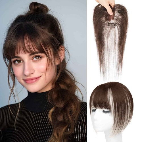Benehair Clip in Bangs 100% Real Human Hair Extensions 360° Cover Clip on 3D Wispy Bangs for Women Topper Hairpieces for Women Dark Brown