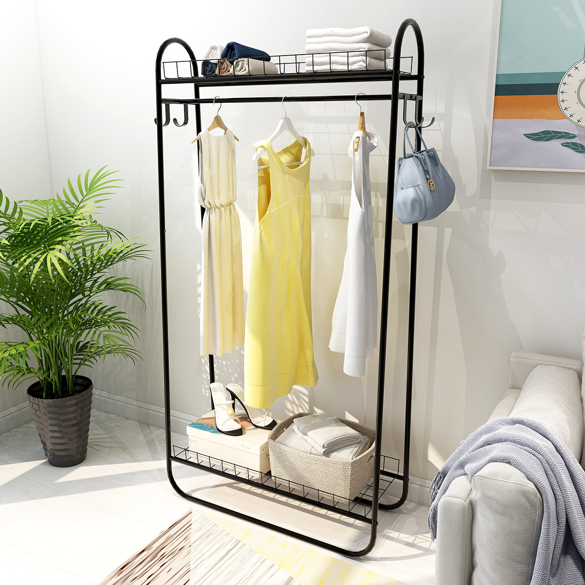 Heavy Duty Freestanding Clothes Rack with Double Shelves - Black