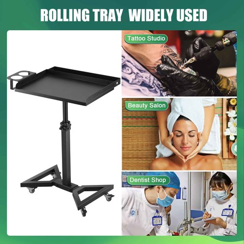 POARMEEY Tattoo Tray on Wheels Salon Rolling Tray Cart with Adjustable Height Angle Metal Tattoo Workstation and Storage for Artist Studio