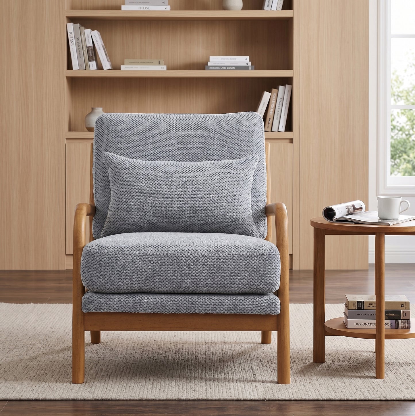 Mid-Century Modern Wooden Lounge Chair - Light Gray Upholstery