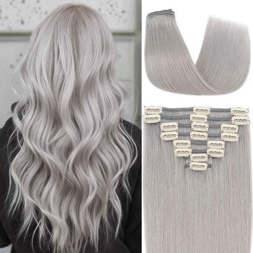 Clip in Hair Extensions Human Hair S-noilite Gray Human Hair Hair Clip in Extensions Full Head 8 Pieces/18 Clips 100% Real Human Hair Silky Straight 18"-100g Light Gray (#G1)