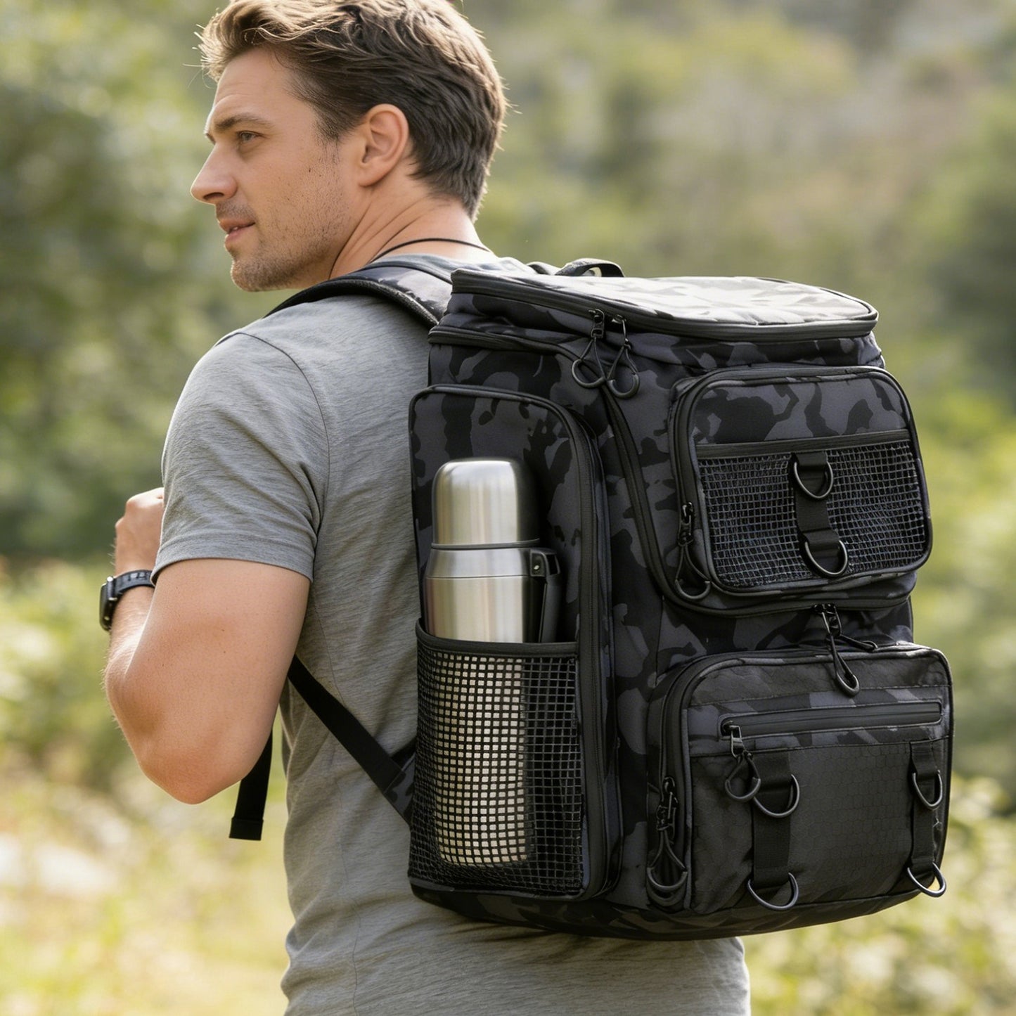 42L Fishing Backpack with 16 Pockets & Rod Holders - Camouflage