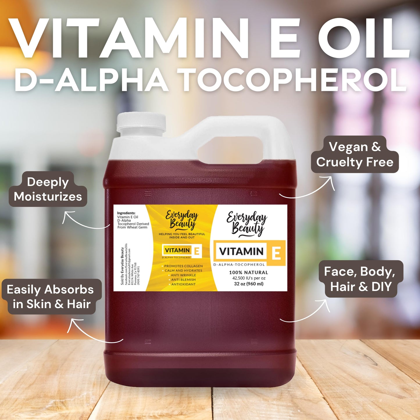 Pure Vitamin E Oil Bulk - 32 oz D-Alpha Tocopherol 100% Pure & All Natural 42,500 IU per oz - Not a Blend, Thick, Amber Color - from Wheat Germ - Face Body Hair - DIY Cosmetics & After Surgery Scars