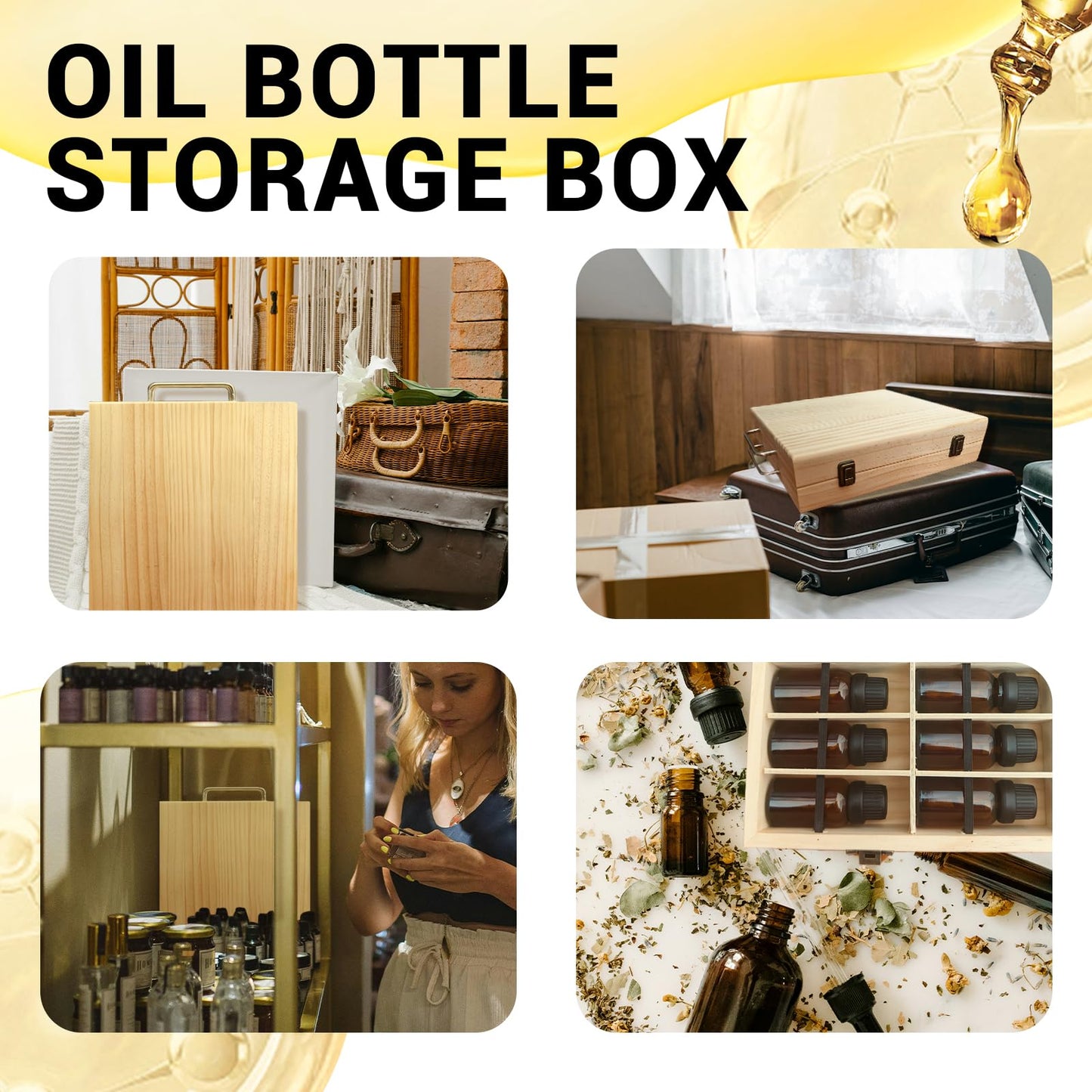 Pure Vie Wooden Essential Oil Storage Box Travel Organizer Case with Bottle Cap Label - Aromatherapy Nail Polish Fragrance Container, Holds 72 Bottle for 5-15ml - Keep Scented Oil Safe & Space Saver