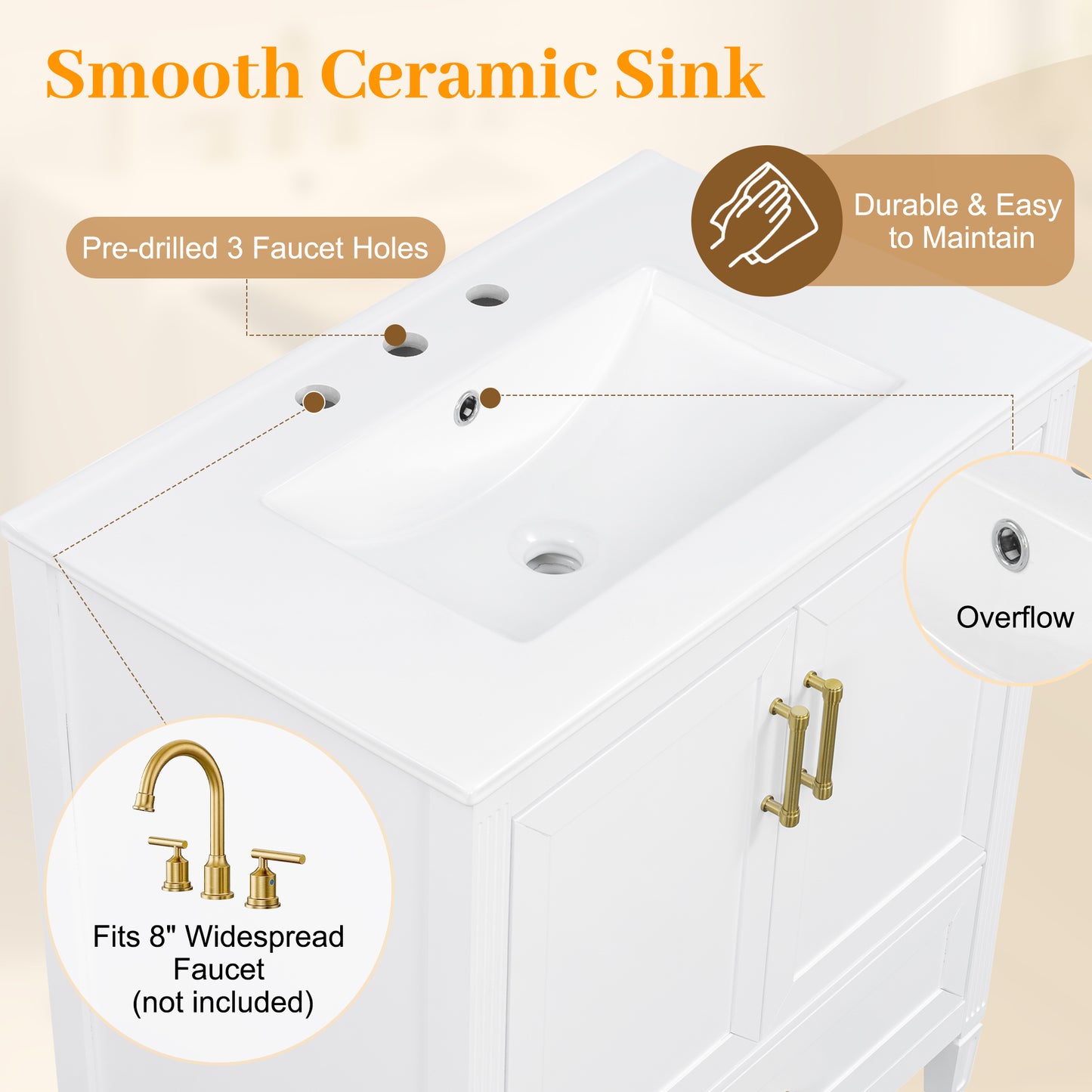 30" Elegant Fluted Bathroom Vanity with Ceramic Sink - White