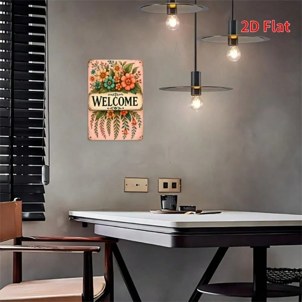 Rustic Floral Welcome Sign - 8x12 Inch Metal Wall Art