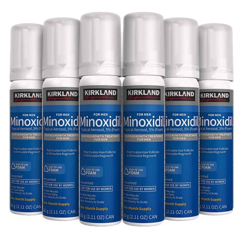 Kirkland Signature Hair Regrowth Treatment Minoxidil Foam for Men, 2.11 oz, 6 Count (6 Month Supply) - 2 MicroFiber Cleaning Cloths and Comb Included