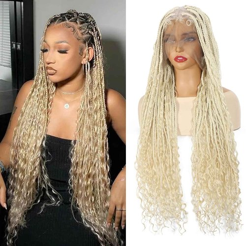 ROSEBONY 36" Boho Knotless Braided Wig for Black Women Double Full Lace Box Braid Wig with Baby Hair Bohemian Curly Ends Golden Yellow Blonde Color (613 blonde)