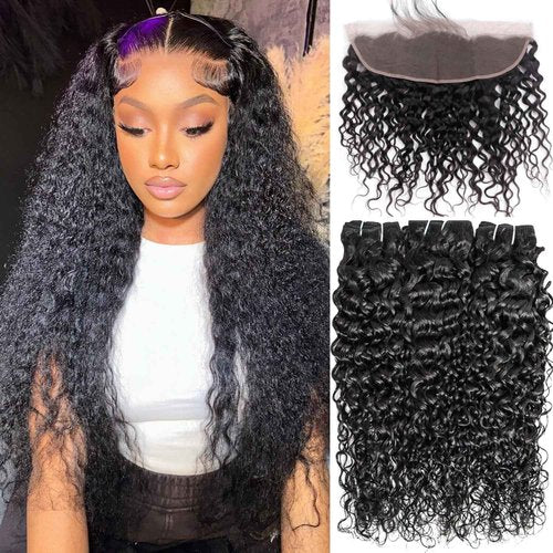 Human Hair Bundles Water Wave Bundles Human Hair With Frontal Closure (18 20 22 +16，Free Part) 12A Curly 3 Bundle With 13x4 HD Lace Frontal With Baby Hair 1B# Curly Wave Human Hair Extensions