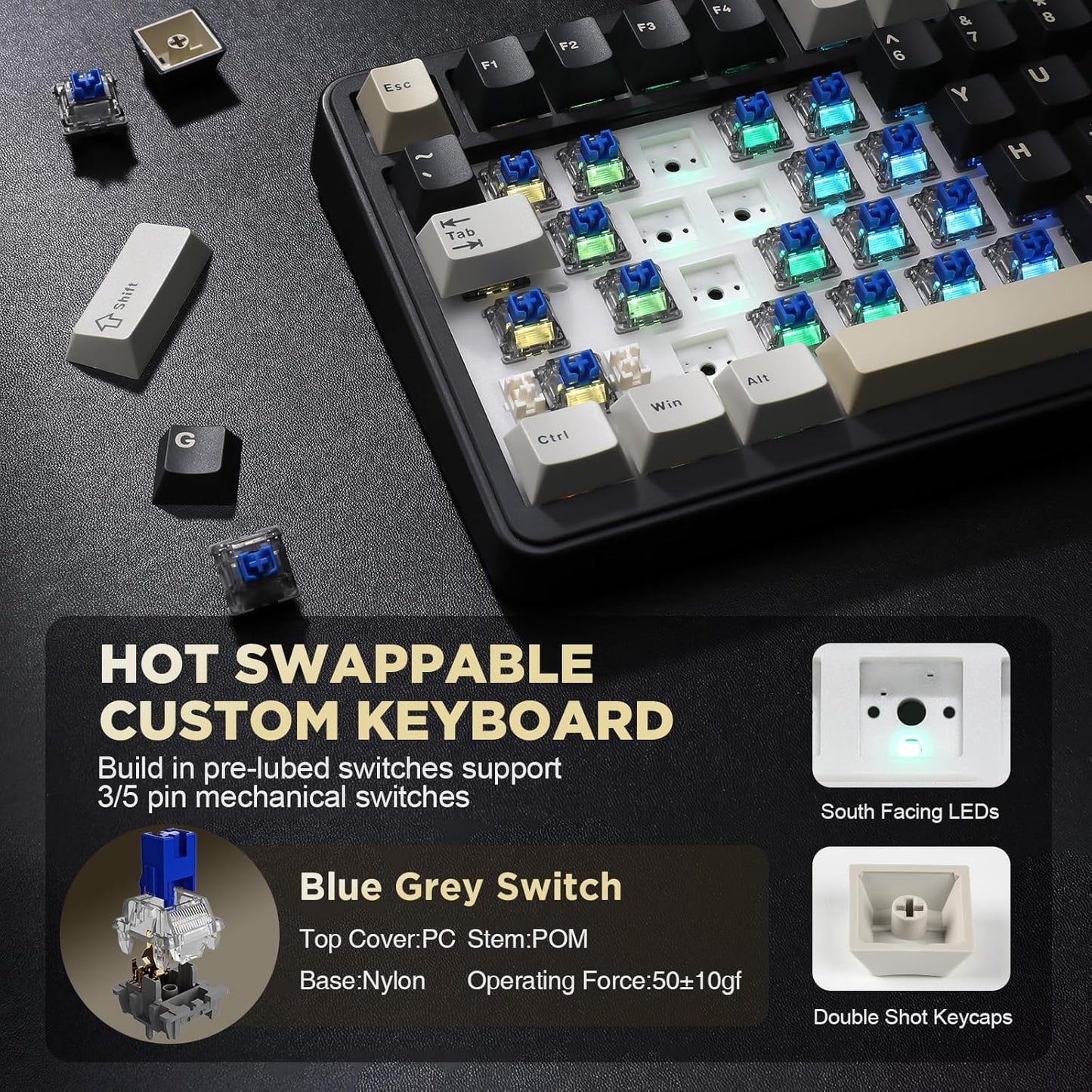YUNZII B75 Mechanical Keyboard,75% Layout with Knob,Hot Swappable RGB Backlit Gasket Mounted, Creamy Typing, Double-Shot PBT Keycaps,Cherry Profile,for Win/Mac (Black, Milk V2 Linear Switch)