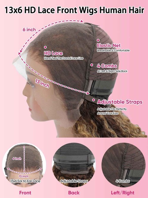 NOELLA Highlight Ombre Lace Front Wigs Human Hair 13x6 Honey Blonde Water Wave Curly Highlighted Wig Human Hair 22 Inch 210% Density Wet and Wavy HD Lace Frontal Glueless Wig For Black Women