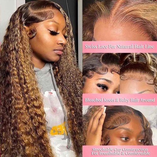 Aimking Honey Blonde Human Hair Wig Ombre Highlight 4/27 Deep Wave Lace Front Wigs Human Hair Curly Wig 180% Density Lace Frontal Wigs (26 Inch)