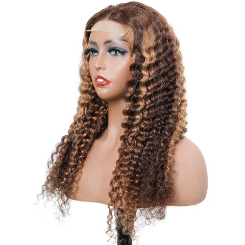 BLY Highlight Human Hair Lace Front Wigs Deep Wave #4/27 Ombre Colored Glueless Wigs Pre Plucked 20 Inch 4x4 Transparent Curly Water Wave Lace Wig Honey Blonde Real Human Hair 180% Density