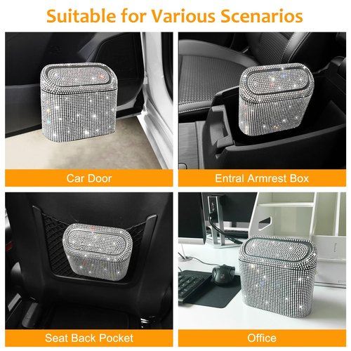 Accmor Bling Car Trash Can with 30pcs Garbage Bags, Vehicle Trash Bin with Lid Auto Dustbin Organizer Garbage Storage, Sparkling Crystal Mini Trash Container Holder
