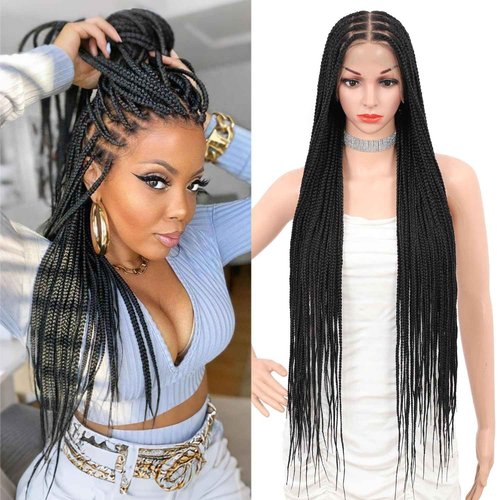 Fecihor Braided Wigs for Women Knotless Braided Lace Front Wigs with Baby Hair Box Braid Wig 13x8 Inches HD Lace Frontal Black Braided Wigs 36 inches