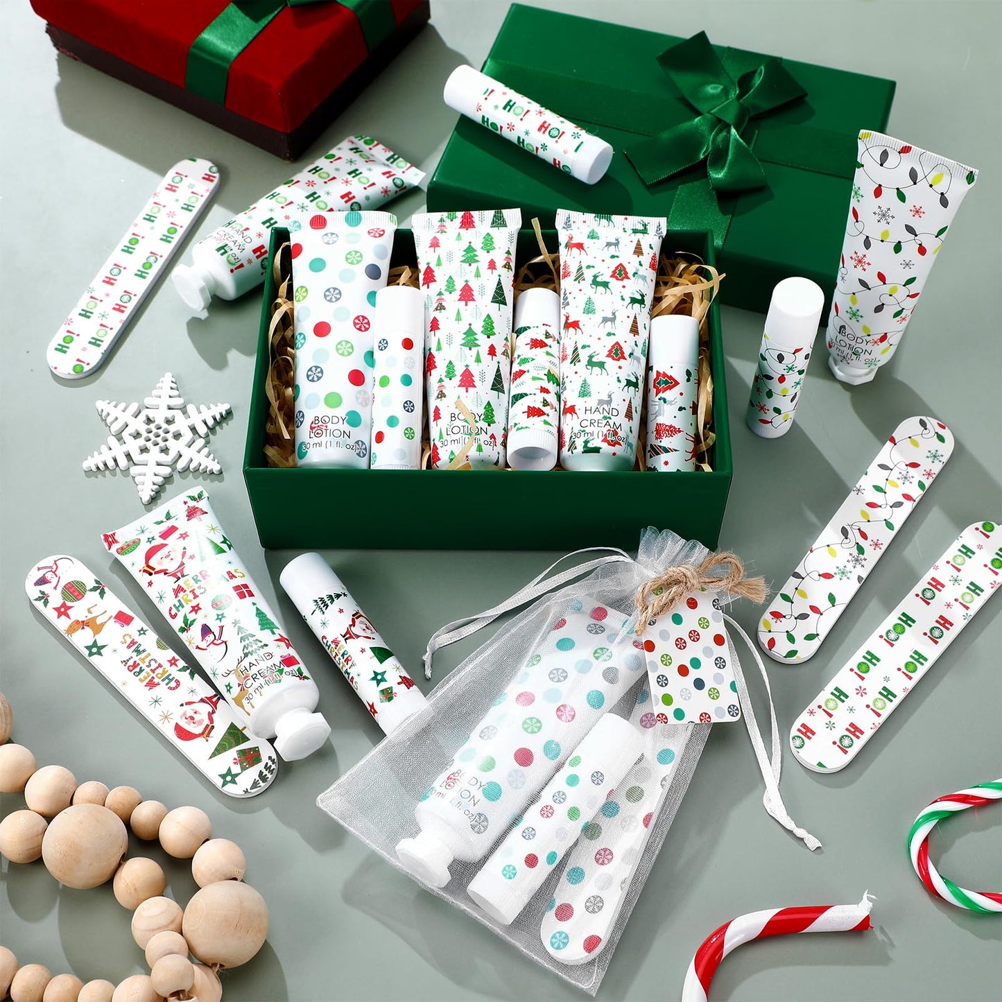 48 Sets/288 Pcs Christmas Party Favors Christmas Hand Cream Body Lotion Lip Balm Nail File Gifts Set Xmas Stocking Stuffers Travel Size Lotion Bulk Holiday Party Supplies for Coworkers Women Adults