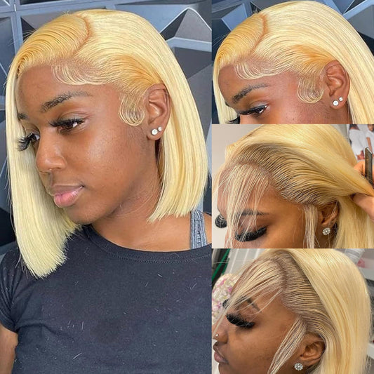 Honey Blonde Bob Wig Human Hair 13x4 HD Lace Frontal Glueless Wigs Human Hair for Black Women 180 Density Pre Plucked 100% Brazilian Virgin Blonde Wigs Human Hair - 14 Inch Skinlike 613 Bob Wig