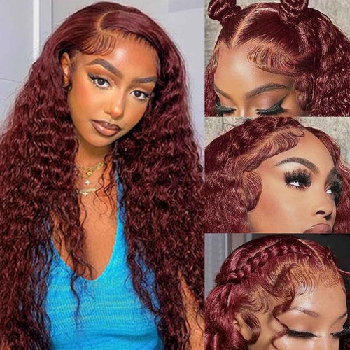 Cfaimity Reddish Brown Lace Front Wigs Human Hair 13x6 Reddish Curly Lace Front Wig 180 Density Deep Wave HD Lace Frontal Wigs Pre Plucked for Women burgundy 33# Colored Human Hair wig 18inch