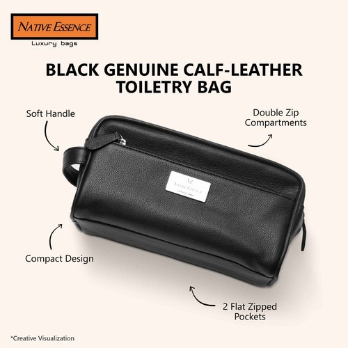 Leather Toiletry Bag, Black Genuine Calf Leather Travel Bag, Handmade DOPP Kit for Travel, Cosmetic Pouch, Luxury Shaving Bag, Bathroom Organizer, Stylish Grooming Kit for Men and Women Gift Packed