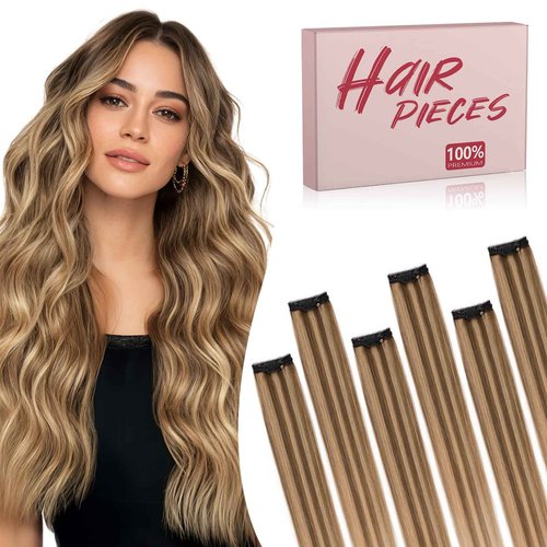 TESS Clip in Hair Extensions Human Hair with Single Clip Lace Weft Straight Highlight Add Volume 6 Pcs 6 Clips, 22 Inch, Chocolate Brown Mixed Light Brown