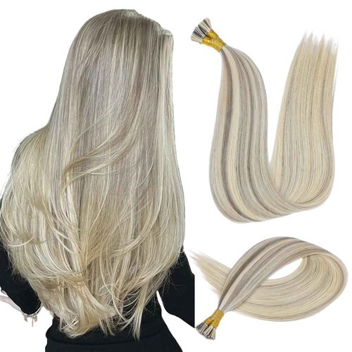 MioYio I Tip Hair Extensions Human Hair 30G/Pack Human Hair Itip Human Hair Extensions #16/60 Pre Bonded Extensions Long Straight Highlight Blonde 18Inch