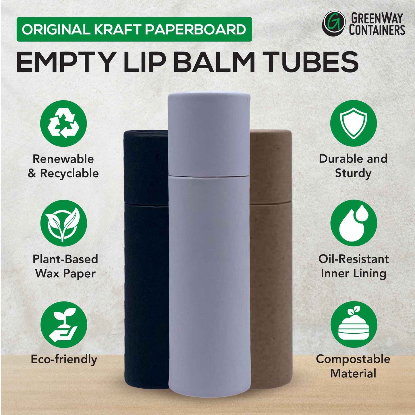 GreenWay 0.3oz / 8.5g Kraft Paperboard Lip Balm Tubes with Lids - 100 Pack Lip Gloss Tubes Refillable DIY Cosmetic Containers - Lip Balm Containers Chapstick Tubes Empty Holder Tubes - Black