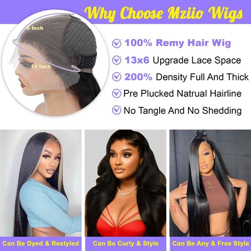 Mziio 32 Inch 13x6 Lace Front Wigs Human Hair Pre Plucked Straight Human Hair Wig 200% Density Straight HD Lace Frontal 13x6 Glueless Wigs for Women Natural Color
