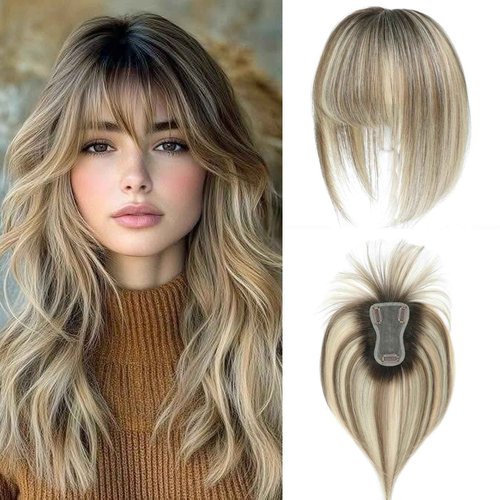 Hair Toppers for Women Real Human Hair 4.5x3inch Swiss Base Hairpieces, Human Hair Toppers for Women with Bangs (Ombre Light Brown with Blond Highlight)
